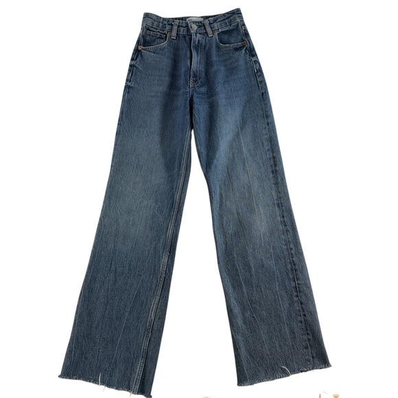 Zara Sz 0 Jeans Wide Leg Raw Hem High Waisted Rise Light Wash Women's Baggy - Picture 2 of 13